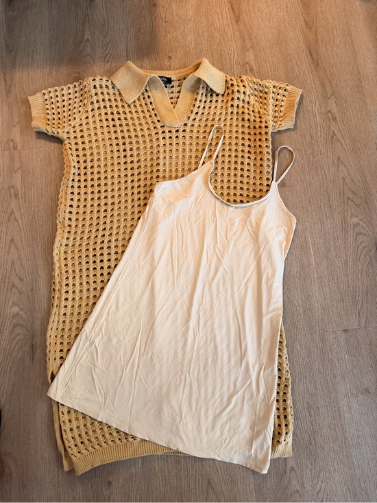 Dressed in LALA Dresses & Skirts - Dressed in LALA Tan Crochet Polo Dress with Cream Slip